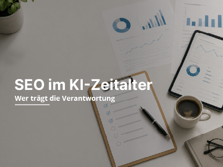 Büro-Desk mit SEO-Grafiken, Laptop, Kaffeetasse und dem Text „SEO im KI-Zeitalter“
