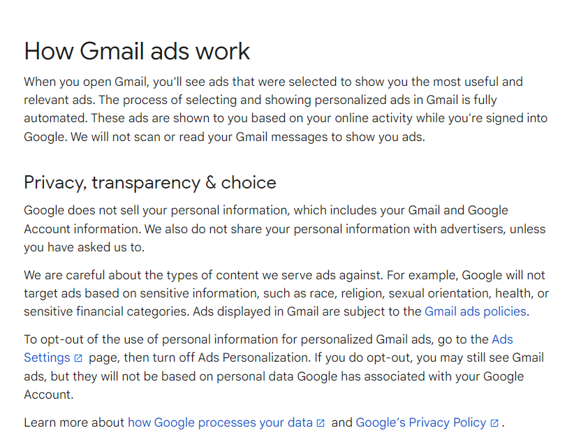 Text, der erklärt, wie Gmail-Anzeigen funktionieren, mit Schwerpunkt auf Personalisierung und Datenschutz.