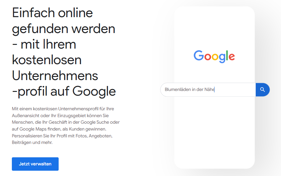 Google-Werbung: Finden Sie Ihr Unternehmen online mit einem kostenlosen Google-Unternehmensprofil. Google-Suchoberfläche in Weiss.