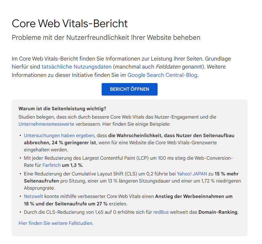 Core Web Vitals-Bericht: Probleme mit der Benutzerfreundlichkeit von Websites lösen. Text über Website-Performance und -Optimierung. Blauer Button: „Bericht öffnen“.