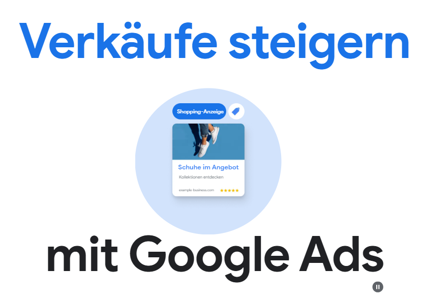 Text mit der Aufschrift „Verkäufe steigern mit Google Ads“ mit einer Google Ads-Anzeige für Schuhe.