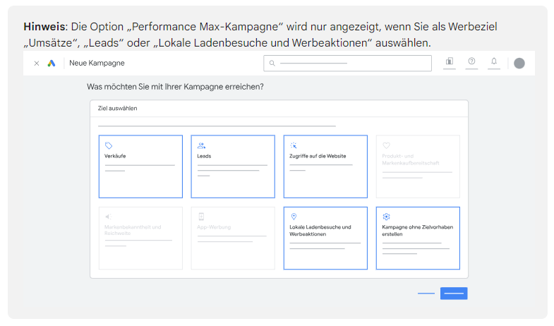 Google Ads-Kampagnen-Einrichtungsschnittstelle mit der Option „Performance Max“.