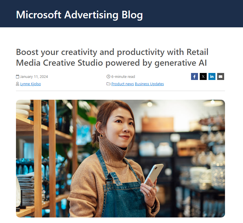 Eine Frau in einer Schürze, die in einem Geschäft ein Telefon in der Hand hält und für Retail Media Creative Studio mit KI wirbt. Von Microsoft Banner Ads.