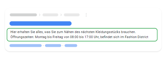 Text in einem grünen Rahmen über die Öffnungszeiten, auf Deutsch. Thema Search Snippets von