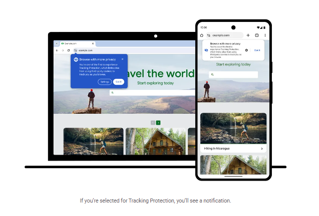 Laptop und Smartphone nebeneinander mit einer Reise-Website und einer Benachrichtigung zum Tracking-Schutz.