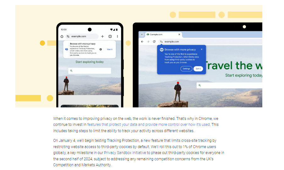 Ein Smartphone- und Tablet-Bildschirm, auf dem dieselbe Website angezeigt wird, mit einer Pop-up-Benachrichtigung über einer Person an einem Aussichtspunkt.