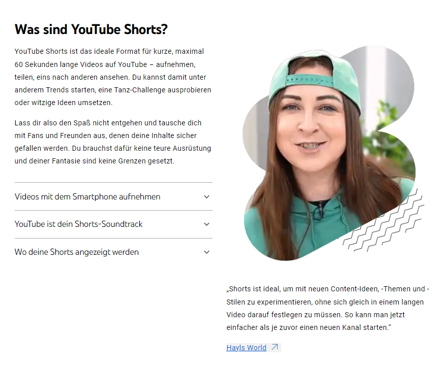Frau mit blaugrünem Hut lächelt, mit Text, der YouTube Shorts erklärt; weisser Hintergrund.