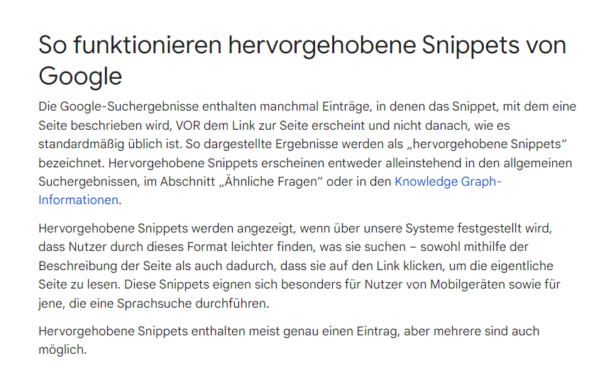 Text, der Googles Featured Snippets auf Deutsch erklärt.