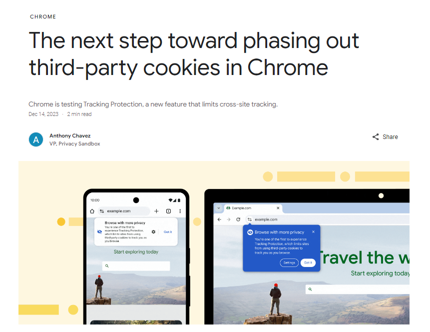 Artikel über die Abschaffung von Drittanbieter-Cookies in Chrome, mit einem Telefon und einem Computerbildschirm mit Text und Grafiken.