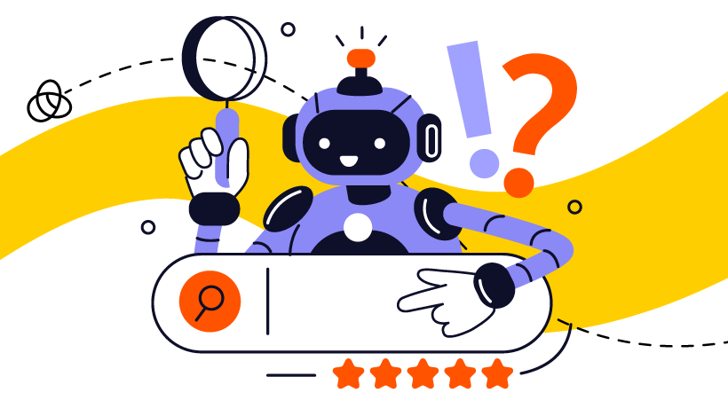 Eine Illustration von einem Roboter der eine Online Suche zeigt.