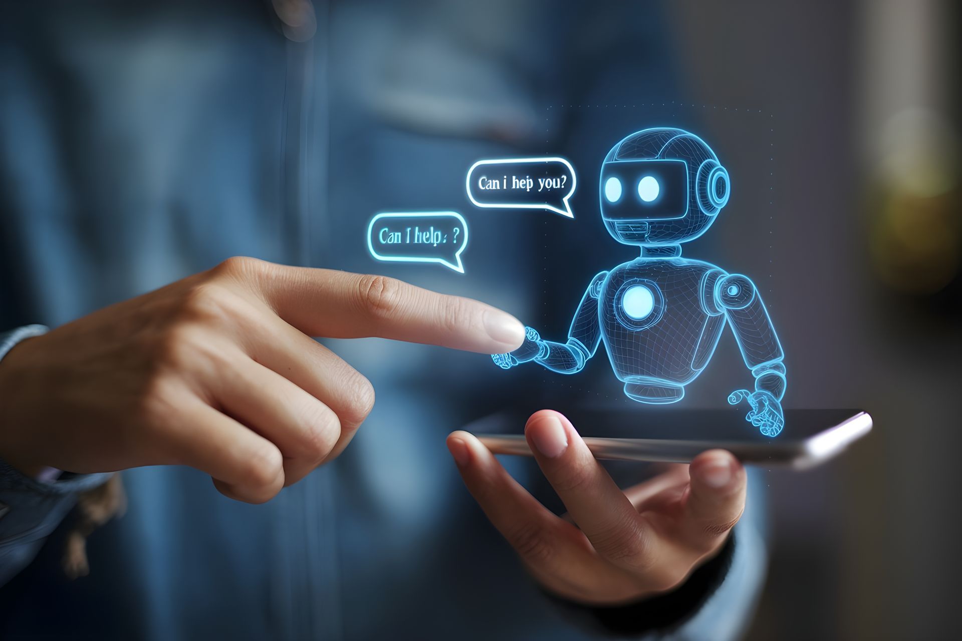 Person hält ein Handy in der Hand, worauf ein Roboter i 3D zu sehen ist.