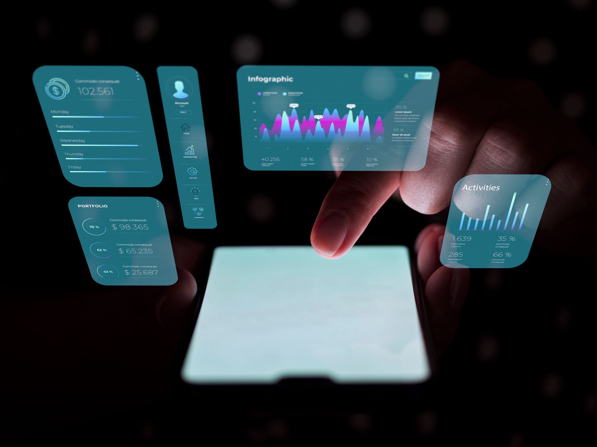 Person, die ein Telefon hält und mit holografischen Datenanzeigen interagiert: Grafiken, Diagramme, Profilinformationen.