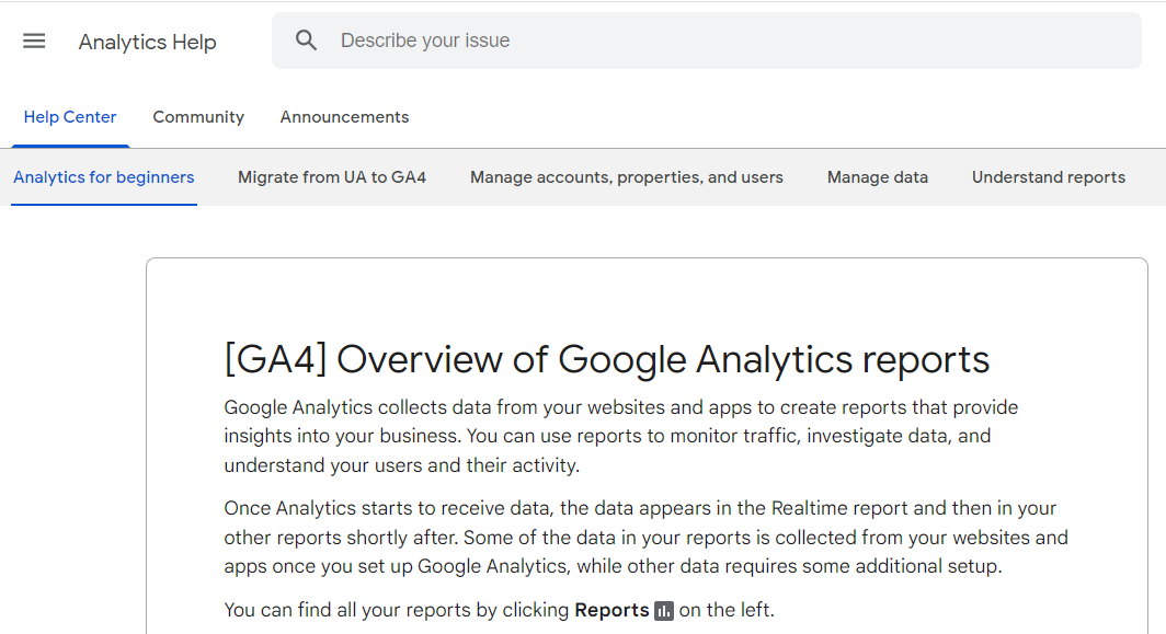 Ein Screenshot der Analytics Help Webseite zum Thema GA4