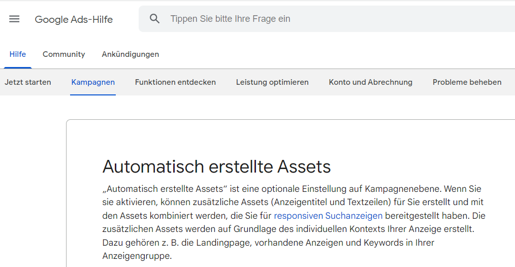 Ein Screenshot der Google Webseite zum Thema 