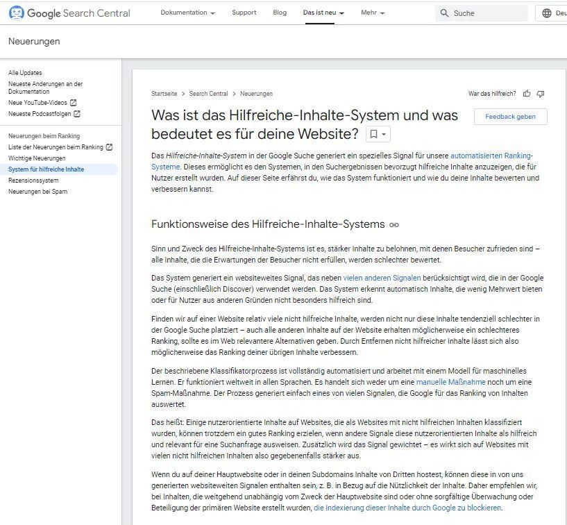 Screenshot der Google search-central mit Neuerungen zu hilfreichen Inhalten