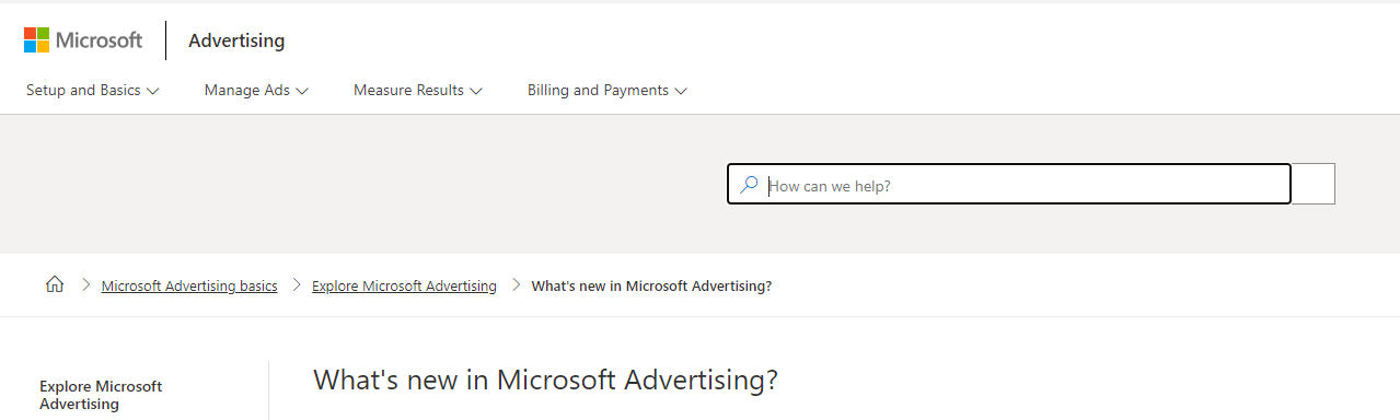 Screenshot der Microsoft Advertising Webseite mit Suchleiste