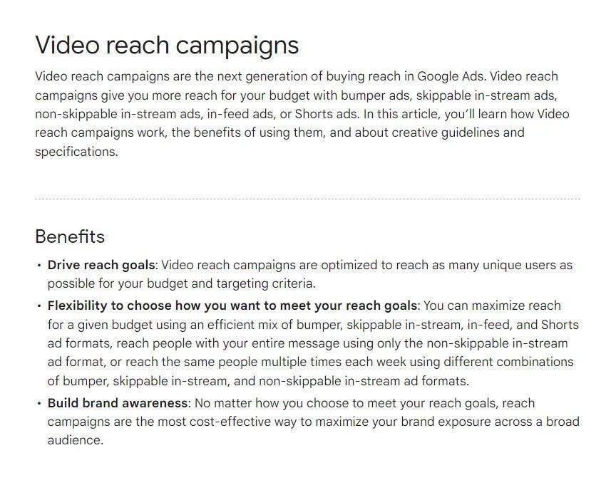 Screenshot der Video Reach Campaign Benefits
