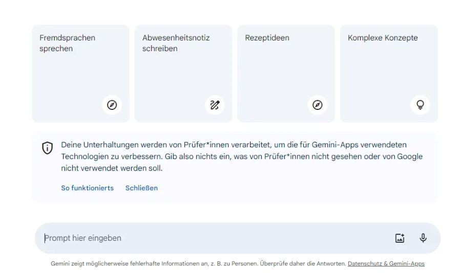 Screenshot des Gemini Interface mit mehreren grauen Kästchen