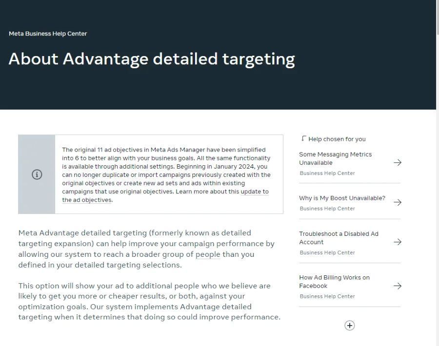 Screenshot des Meta Business Helpcenters Über Advantage detailed Targeting

