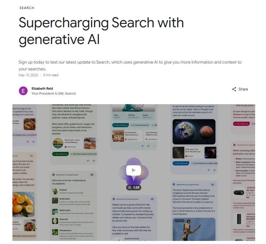 Screenshot eines Blogposts über generative KI im Search-Bereich