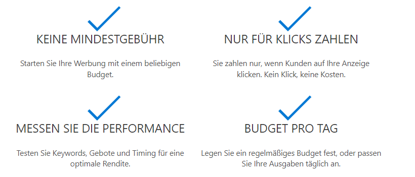 Ein weißer Hintergrund mit blauen Häkchen und den Worten „Messen Sie die Leistung und das Budget pro Tag“