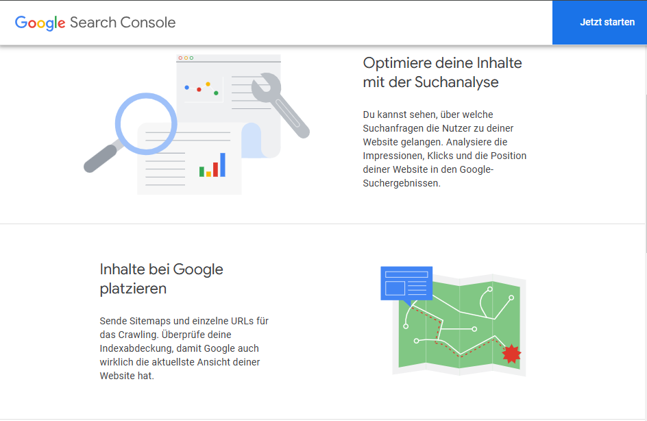 Ein Screenshot der Website der Google Search Console.