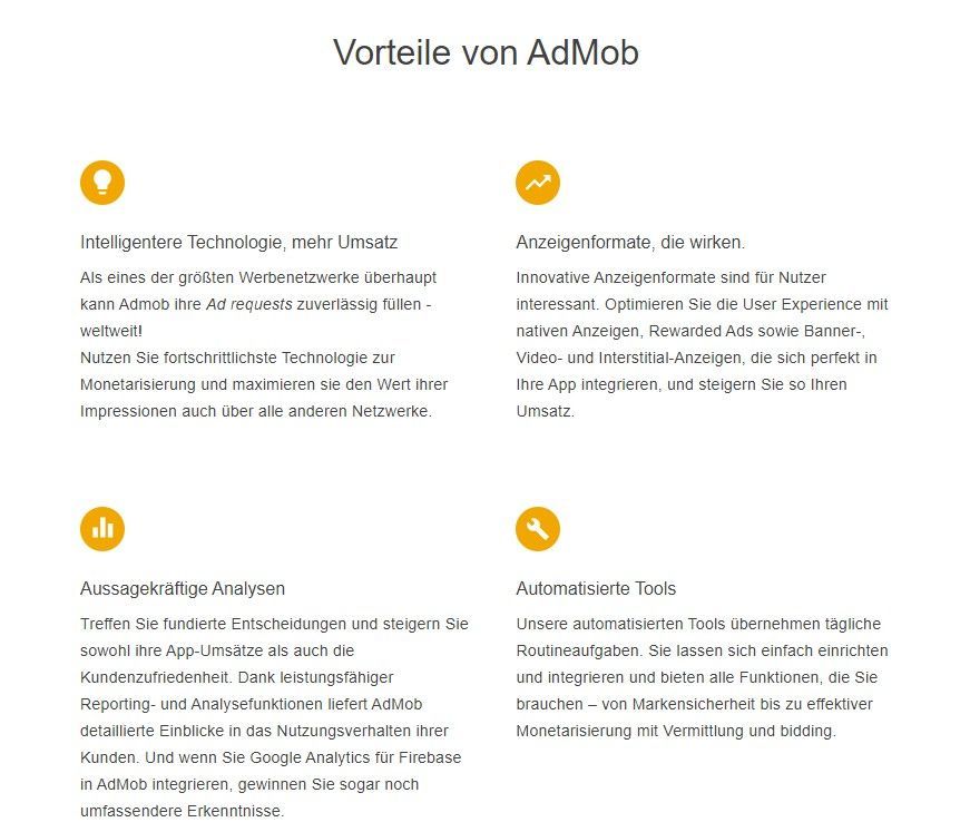 Screenshot von Google Admob-Vorteilen