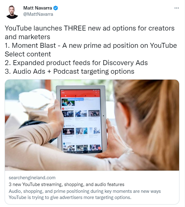 Ein Twitter-Post über die Einführung von drei neuen Werbeoptionen für YouTube-Entwickler und Vermarkter