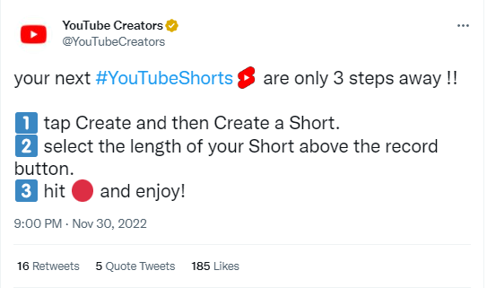 Ein Tweet von YouTube-Erstellern zeigt, wie man einen Kurzfilm erstellt