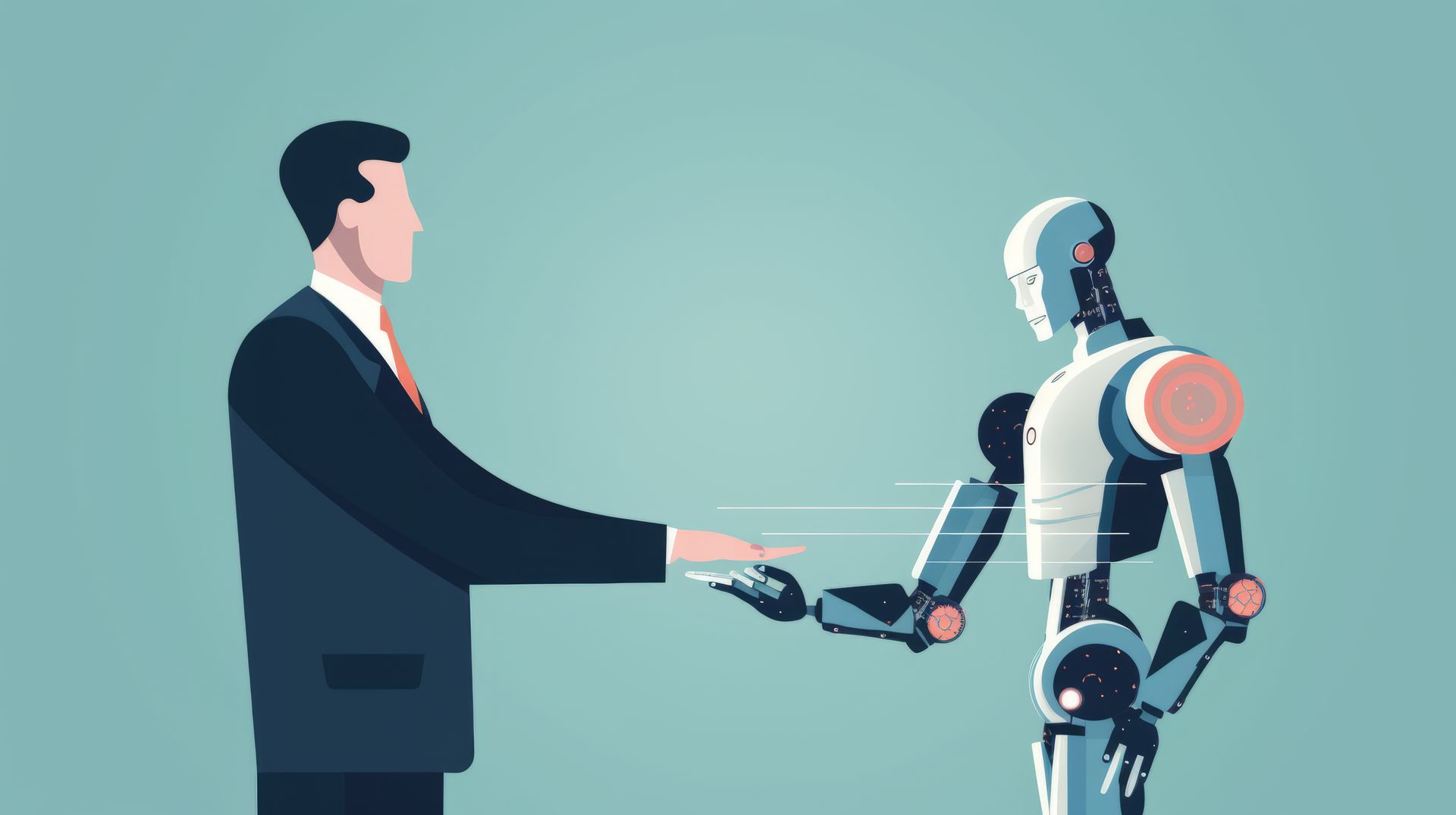 Ein Mann in einem Anzug schüttelt die Hand mit einem Roboter.