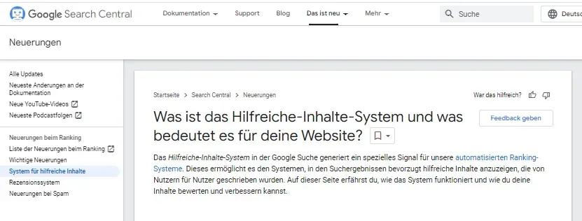 Screenshot of Google Search Central article: “What is the Helpful Content System and what does it mean for your website?”.