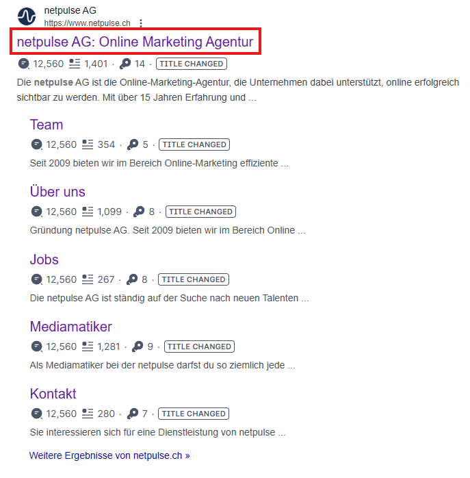 Title tag optimization example from netpulse AG SEO strategy