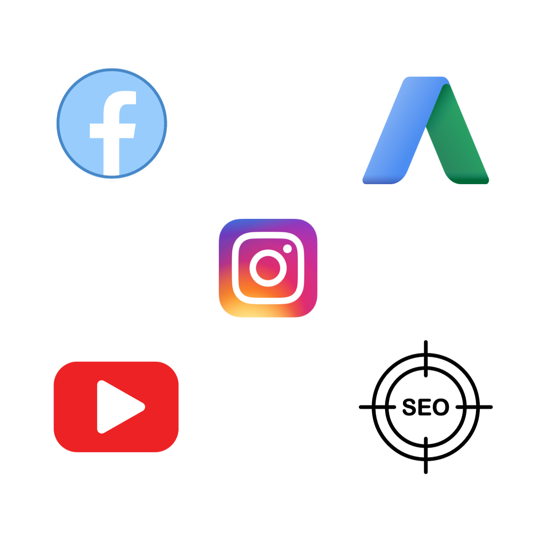 Eine Gruppe von Social-Media-Symbolen, darunter Facebook, Instagram und YouTube