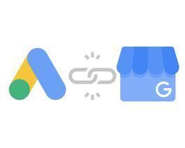 Eine Google-Anzeige und ein Google My Business-Logo auf weißem Hintergrund.