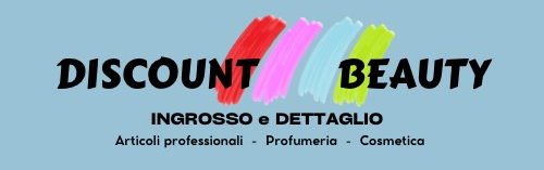 Logo per Discount Beauty, con testo e pennellate colorate su sfondo azzurro.