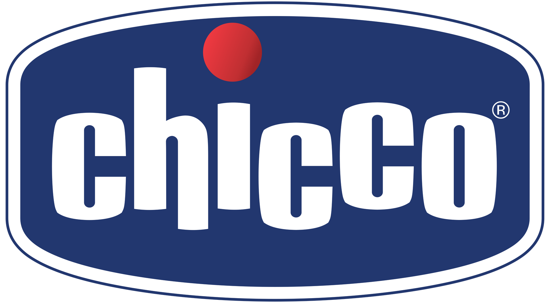Logo Chicco: testo bianco su un ovale blu con un punto rosso sopra e un bordo bianco.