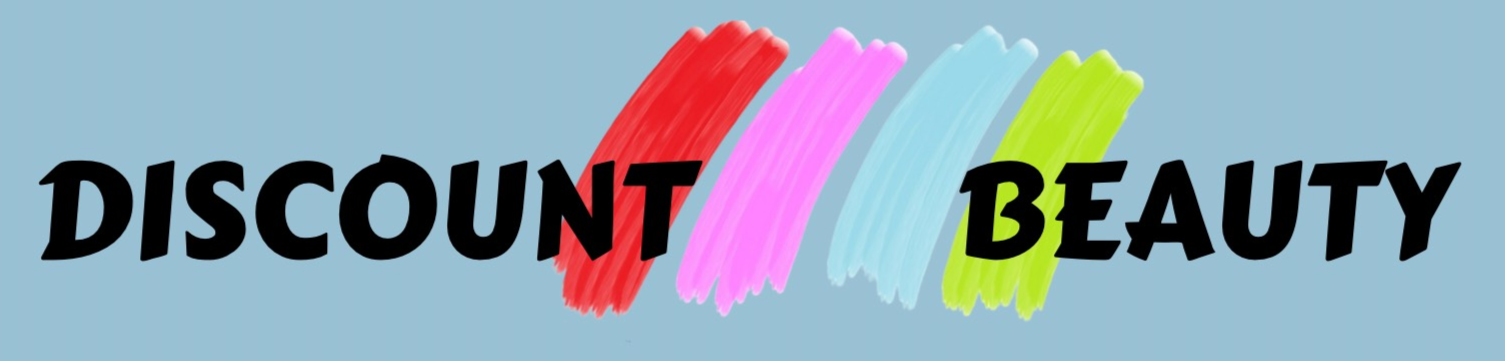 Logo per Discount Beauty: testo nero su sfondo azzurro, con pennellate colorate.
