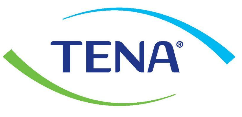 Logo TENA con un arco blu sopra e un arco verde sotto il testo blu navy.
