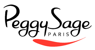 Logo di Peggy Sage Paris con testo in corsivo e swoosh rosso.