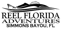 Logo for Reel Florida Adventures in Simmons Bayou, FL, featuring a stylized black silhouette of a fish.