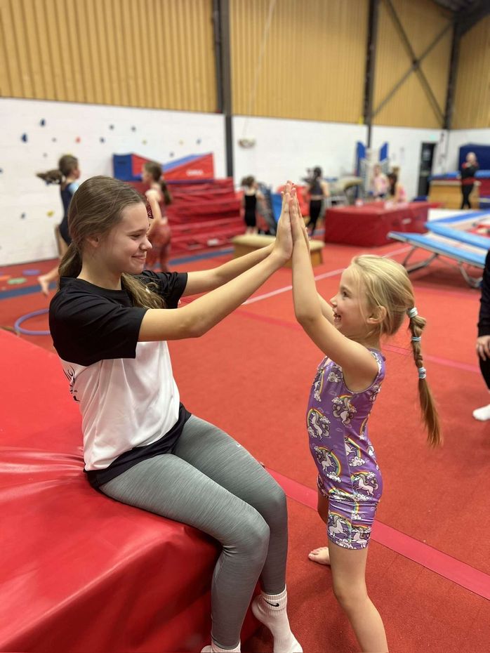 Two young girls are giving each other a high five in a gym.