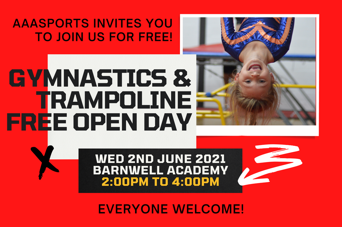 A poster for a gymnastics and trampoline free open day