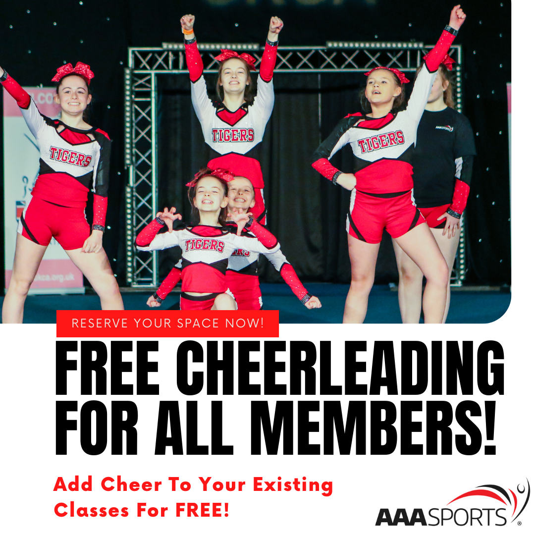 A cheerleading poster that says free cheerleading for all members