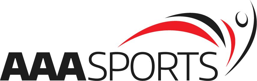 A logo for aaa sports with a red and black swirl