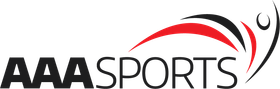 A logo for aaa sports with a red and black swirl