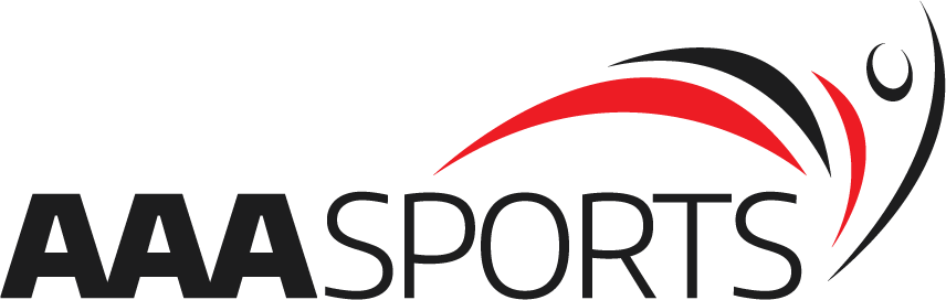 A logo for aaa sports with a red and black swirl