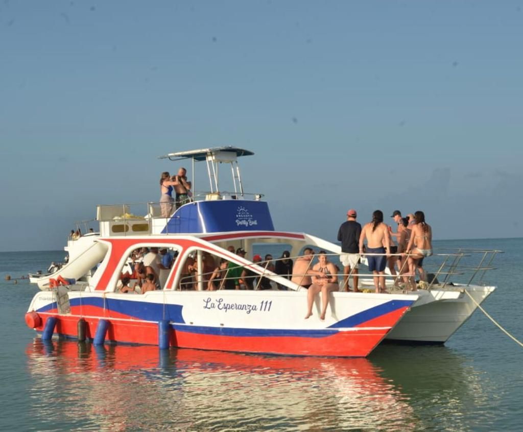 Group of people enjoying a party boat excursion to Saona Island, with clear blue skies and calm waters in the background