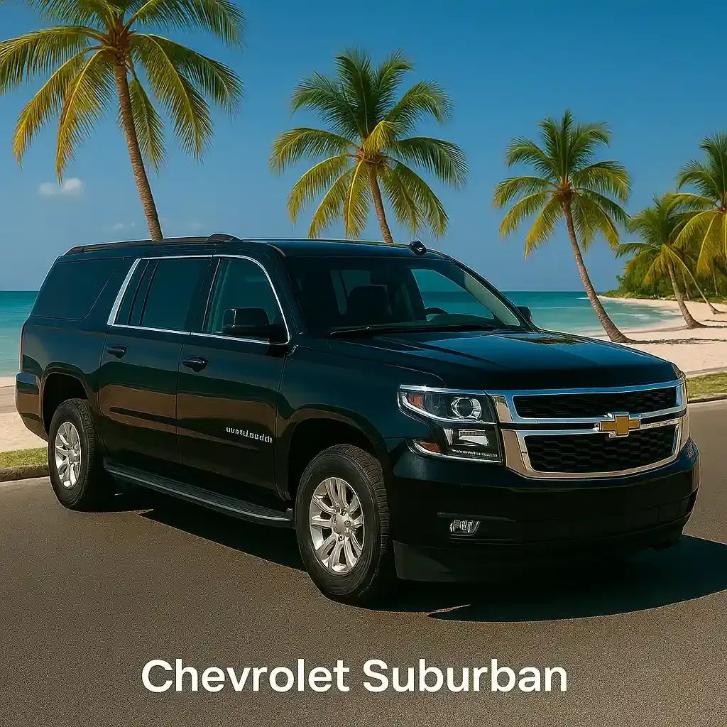 Chevrolet Suburban negra frente al mar Caribe, ideal para transporte VIP en Punta Cana.
