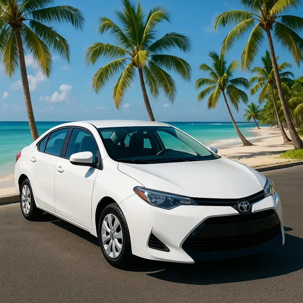 Vehículo sedán privado frente a la playa de Punta Cana para traslados cómodos al aeropuerto.