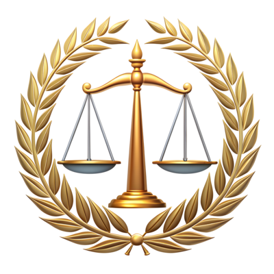 A scale of justice with a laurel wreath around it